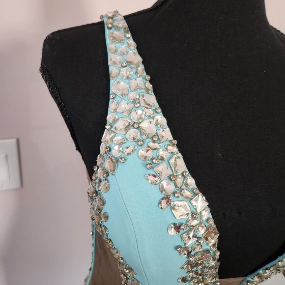 NWT-ONE OF A KIND Jovani Couture Gown Tiffany Blue Slit Dress-Size 4 - Picture 6 of 16